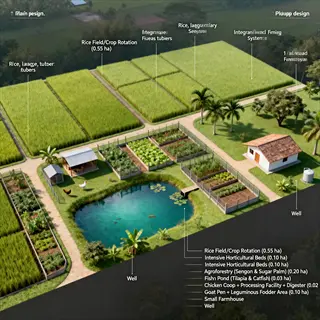 3d crop rotation garden plan showing rice fields, pond, farmhouse, and labeled agricultural areas