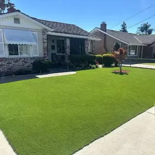 a well-maintained manicured fescue lawn in front of a residential house under clear blue skies