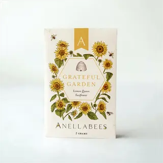 anellabees grateful garden lemon queen sunflower seed packet - decorative botanical design with bees and flowers