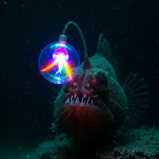anglerfish glowing lure: deep-sea creature with sharp teeth and vibrant, multi-colored bioluminescent lure in dark ocean depths