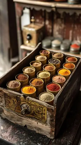 antique wooden seed chest with small metal tins of colorful spices or seeds, featuring faint engraved text on the front