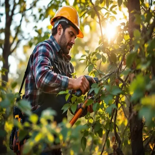 arborist pruning a fruit tree in spring with lush green leaves
