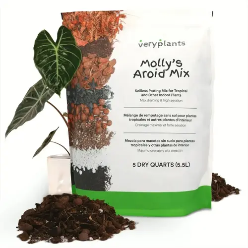 bag of veryplants molly's aroid mix peat moss garden soil with alocasia plant and soil piles