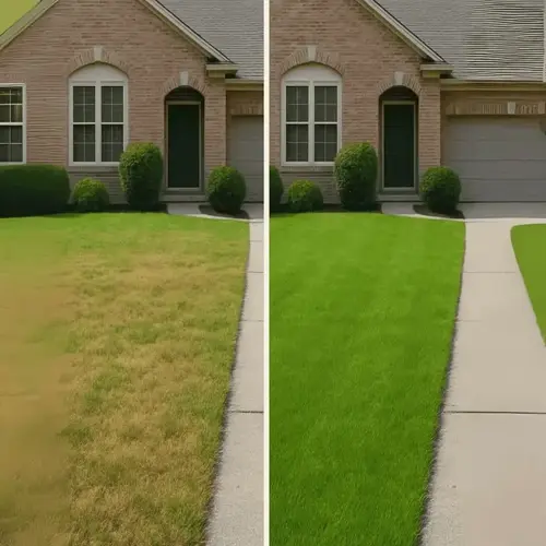 before-and-after comparison of lawn grub treatment application: dry brown grass vs. healthy green lawn
