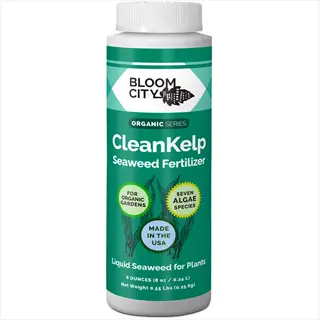 bloom city cleankelp liquid seaweed fertilizer bottle with green label, organic certification badges, and descriptive text for plant nutrition