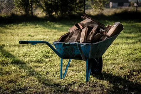 blue garden wheelbarrow filled with firewood on sunny grassy lawn with trees in background