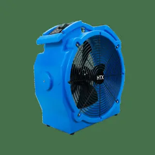 blue industrial blower fan for heat treatment pest control featuring 'htx' branding