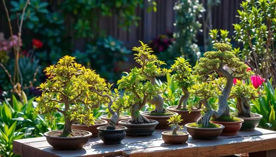 bonsai fertilizer application: multiple thriving bonsai trees in assorted ceramic pots on wooden bench in sunlit garden