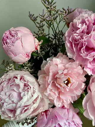 bouquet of lush peony pink blooms with green foliage accents