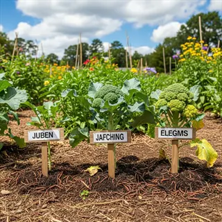broccoli seedlings outdoor in labeled garden bed with partly cloudy sky and flowers
