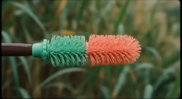 brush cleaning plant stem tool with dual-colored bristles (green and orange) against lush green foliage background