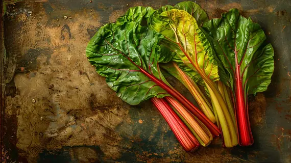 bunch of ruby red swiss chard with large green leaves featuring prominent red veins and thick ruby-red stems arranged on a rustic, weathered surface