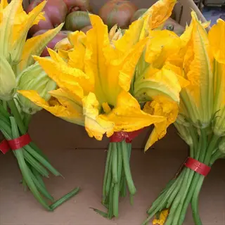 bunches of yellow squash blossoms tied with red bands in a cardboard container