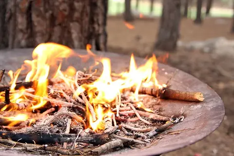 burning wood in a metal fire bowl, illustrating the production of wood ash for enriching wood ash garden soil