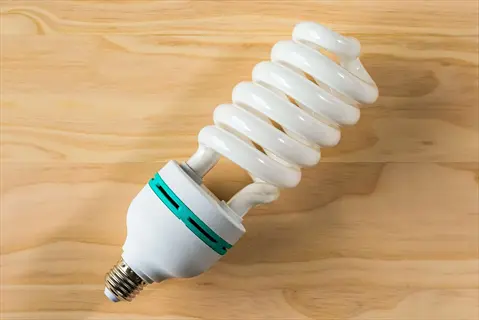 cfl bulb houseplant: spiral compact fluorescent light bulb (cfl) with e27 base and green accent on light wood surface