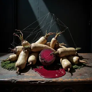 clay soil vegetables including beets and root vegetables arranged on a rustic wooden table with moss, red liquid, and decorative spiderwebs in a dramatic still life composition