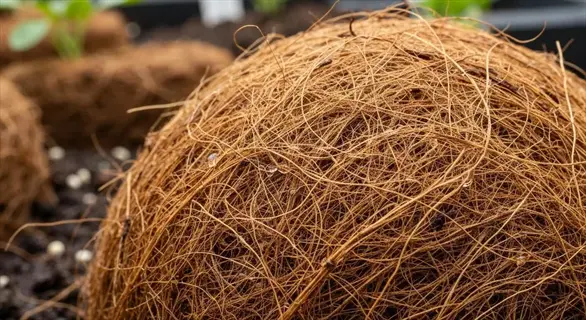 close-up of fibrous hanging basket potting soil texture in garden setting with young plants