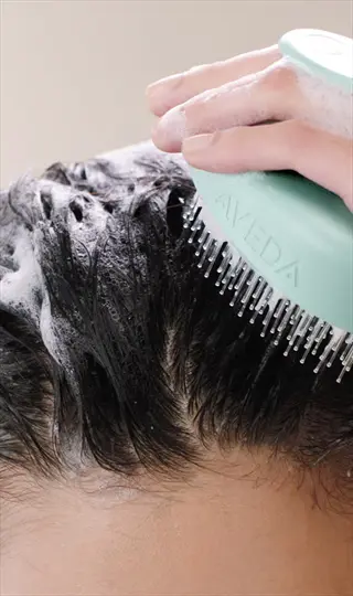 close-up of healthy scalp hair care treatment using an aveda brush with foam on wet dark hair