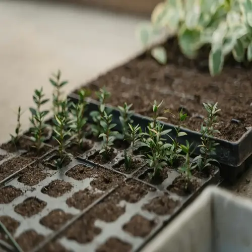 close-up of lavender seedlings tray with young green plants growing in soil compartments