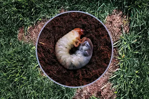 close-up of white grub larva in soil surrounded by lawn with brown patches indicating damage