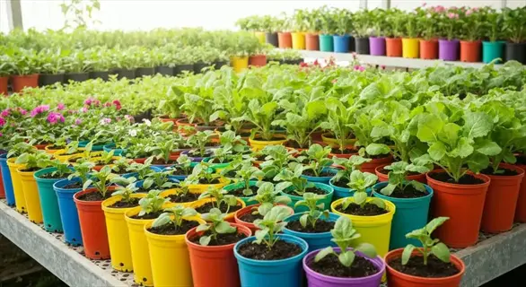 colorful affordable small planter pots with young plants arranged on shelves in a greenhouse nursery