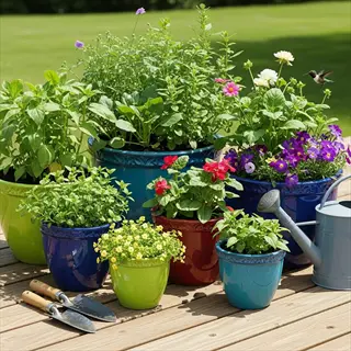 colorful terrace container garden collection with potted plants, gardening tools, and a watering can