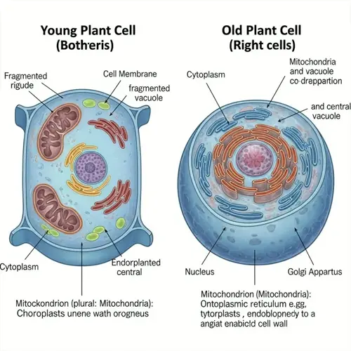 comparison of young (brotheris) and old (right) plant cells showing mitochondria, vacuoles, er, and chloroplasts. illustrates aging effects on organelles