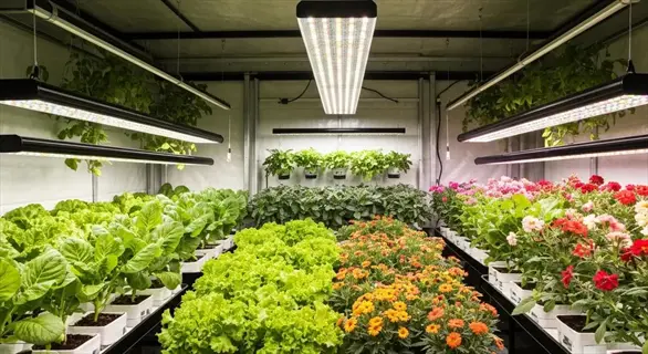 controlled environment greenhouse with multiple suspended led grow lights illuminating rows of lettuce, herbs, and flowering plants