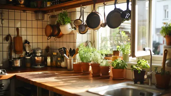 cozy kitchen with herb garden hanging kitchen featuring potted herbs on windowsill and a hanging plant basket above countertop, alongside wooden utensils and cookware