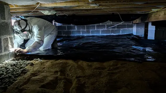 crawl space encapsulation by technician in protective suit installing vapor barrier in residential crawl space