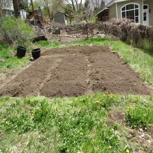 cultivated clay soil garden bed with rows of dark earth, surrounded by green grass and yellow flowers. two black pots stand near the edge, with residential houses and trees in the background