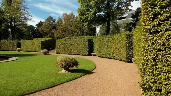 curved path in a living hedge fence garden with flower urns, lawn, and background building