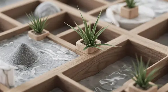 decorative plant pebble tray with wooden grid containing small potted succulents, gray pebbles, and water features
