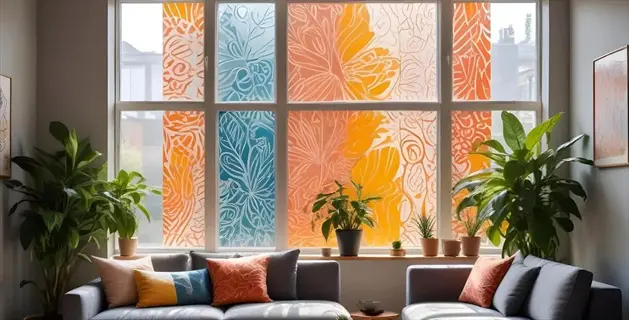 decorative uv blocking window film with vibrant floral patterns on large living room windows, complemented by gray sofas, colorful throw pillows, and potted plants