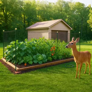 deer repellent vegetable garden with protective fencing, lush plants, and shed in background