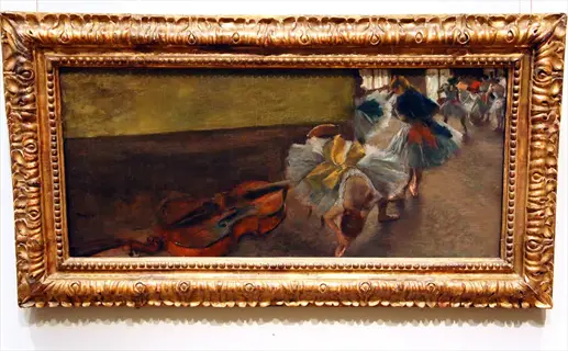degas painting 'the ballet' showing dancers with cello in ornate frame. degas tall