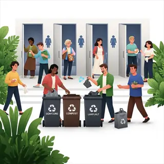 diverse group practicing public restroom sanitation through waste segregation into compost, recycle, and landfill bins