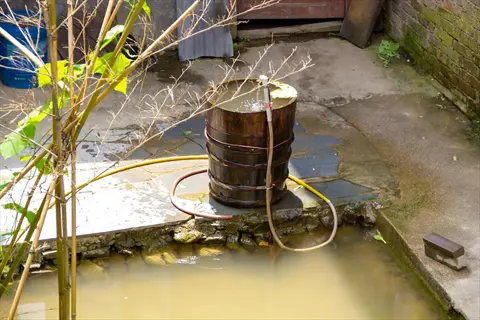 diy rain barrel system with wooden barrel, hose, and water collection setup in a garden courtyard