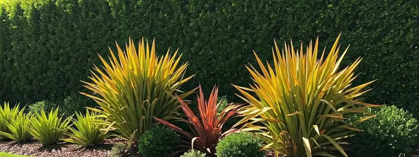 drought tolerant native garden featuring spiky phormium (new zealand flax) with golden-yellow and burgundy foliage against a dense hedge