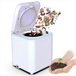 electric kitchen composter processing food scraps into fertilizer with hand holding sprout in soil