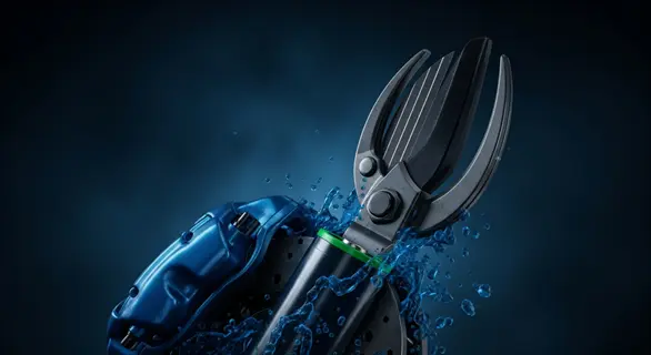 electric pruning shears with blue accents and water splashes against dark background