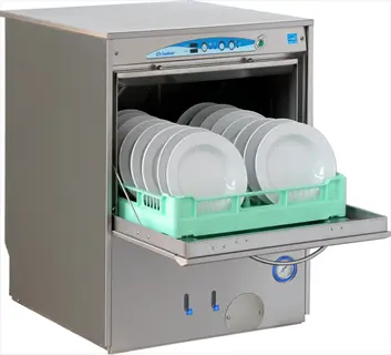 energy star certified commercial dishwasher with open door, displaying clean plates in racks and control panel with digital indicators
