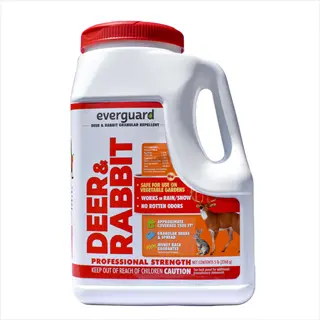 everguard deer repellent powder for garden, professional strength granular container with deer/rabbit graphics and safety warnings