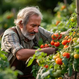 experienced gardener in harvest apron tending ripe tomatoes on sunny garden plot