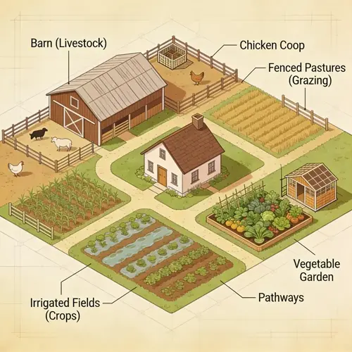 farm layout with vegetable garden planning, barn, chicken coop, and irrigated fields