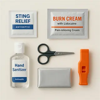first aid wound care kit with sting relief, burn cream, hand sanitizer, scissors, emergency blanket, and whistle arranged on beige surface