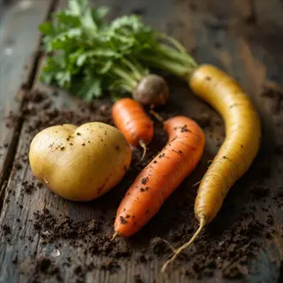freshly harvested yellow moon carrots with soil, alongside orange carrots and a potato on a wooden surface
