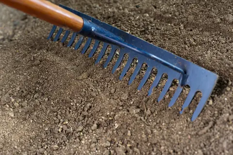 garden rake leveling loose brown soil with blue head and wooden handle