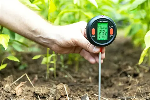 garden soil ph testing: hand holds soil tester in vegetable bed, lcd shows 23°c and dry moisture. not all contamination requires immediate action