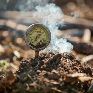 garden soil thermometer in compost pile with rising steam, dial showing measurement